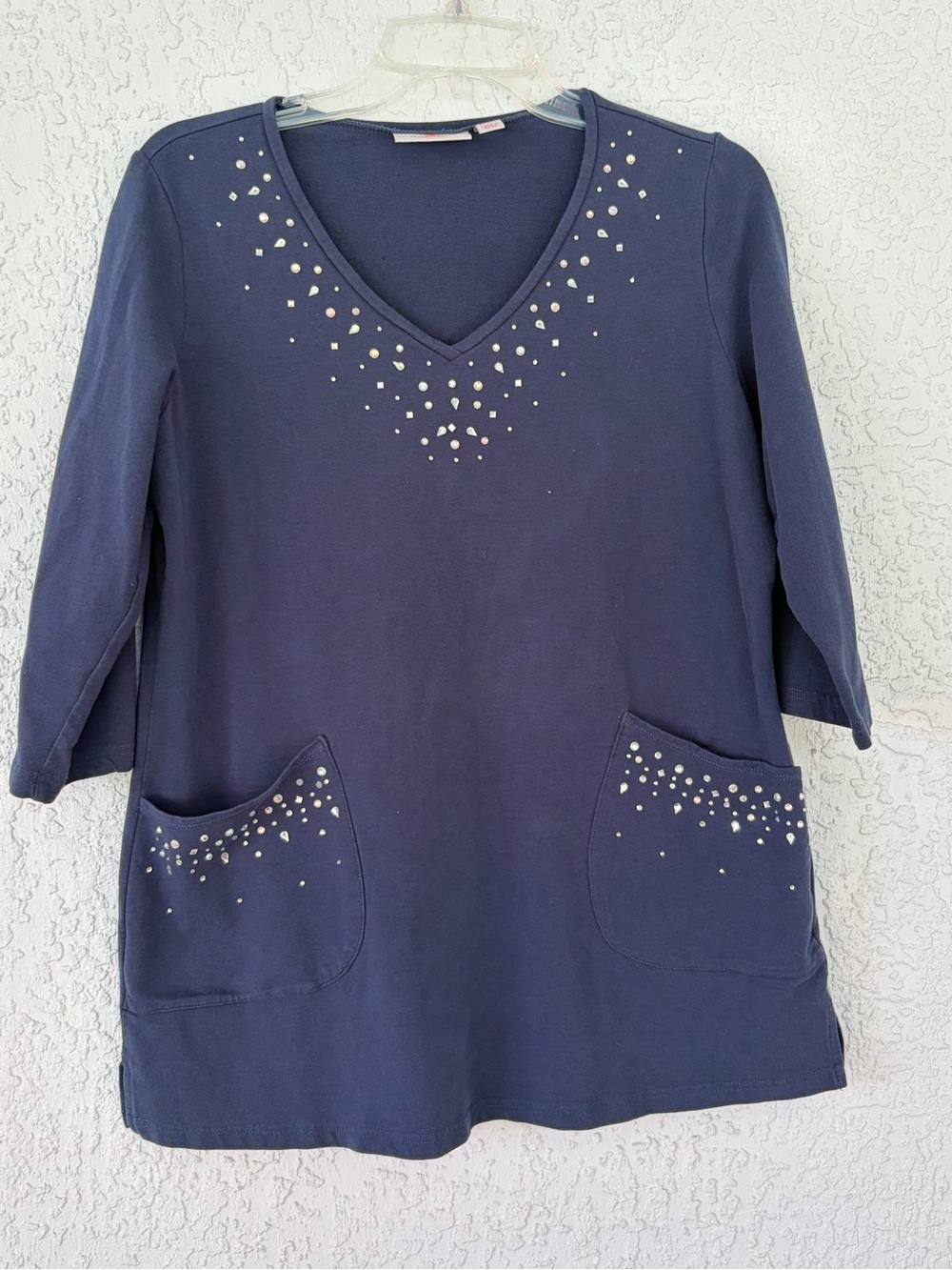 Quacker Factory studded V-Neck Navy Tunic with Front Pockets size S VINTAGE